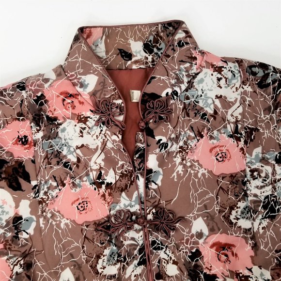 Vintage Asian Jacket Top Taupe Pink Floral Pockets - Picture 7 of 7